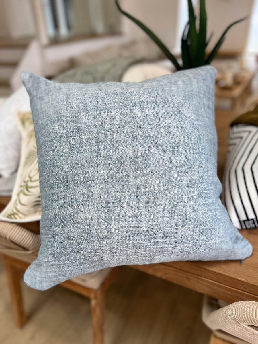 Ocean blue square linen cushion