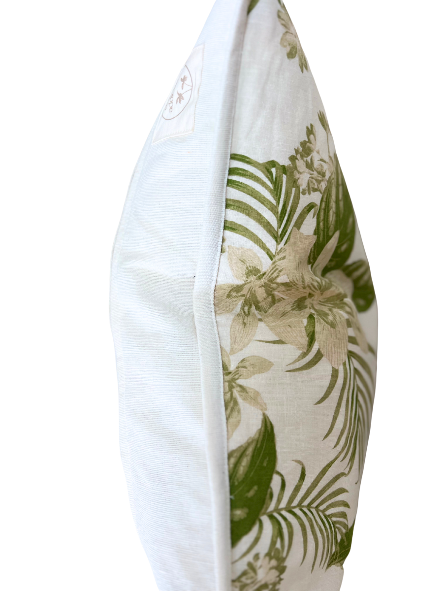 Green floral spring coastal style linen cushion side angle