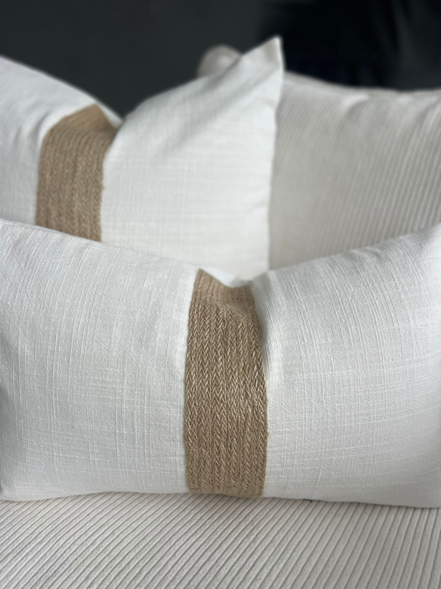 white natural linen cushions with raffia detail