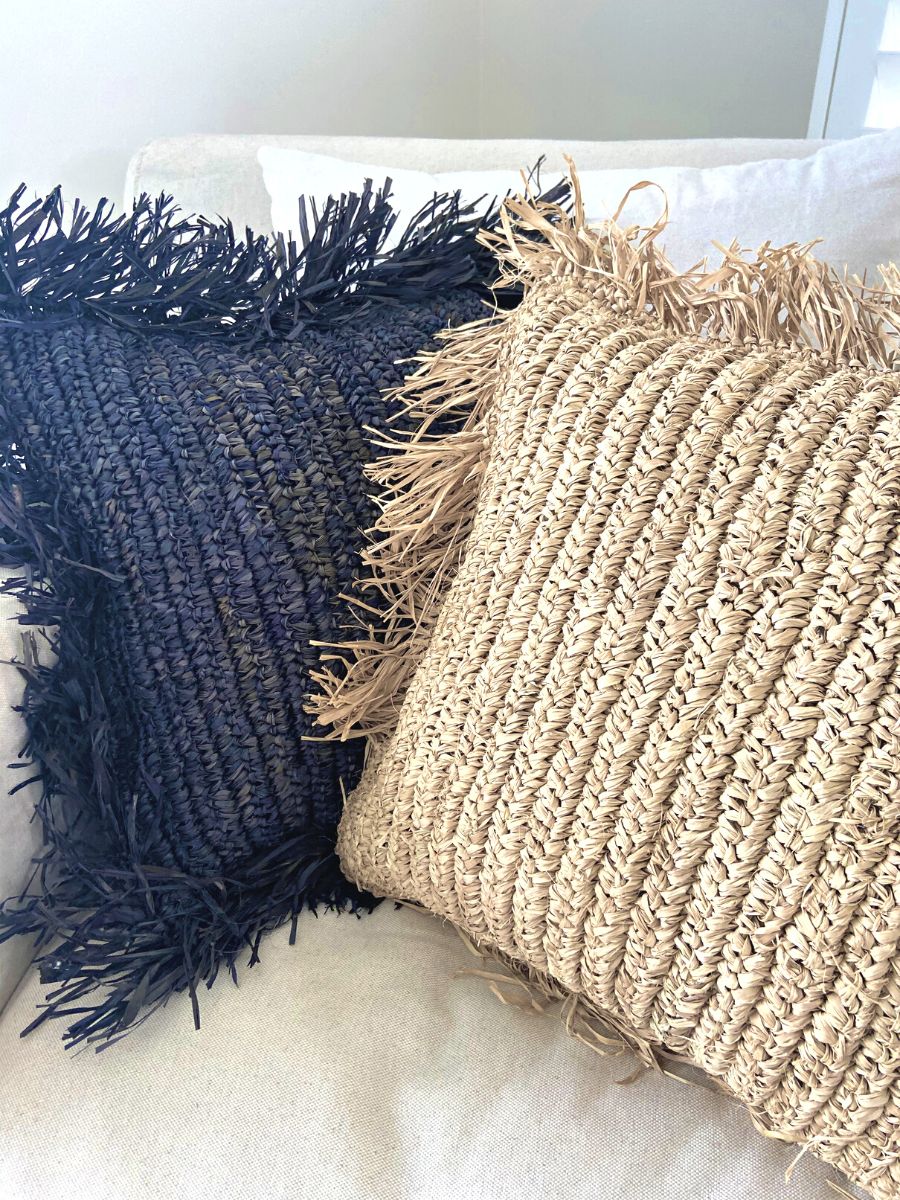 Woven Raffia Cushion - Black/Charcoal